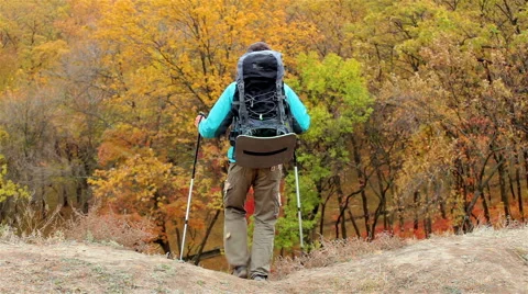 Man tourist in a blue jacket with a backpack goes down the hill Stock Footage 56254974