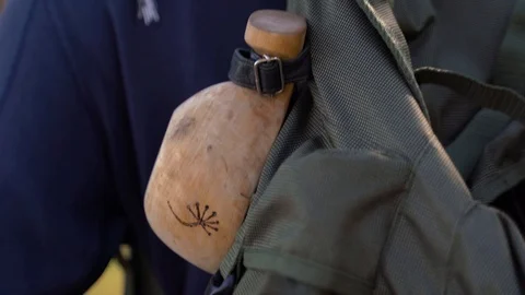 Man tourist goes with a backpack in the pine forest Stock Footage 108276868