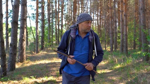 Man tourist goes with a backpack in the pine forest Stock Footage 110810203