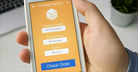 Man tracks his package using smartphone application. Order delivered. Stock Footage 78502778
