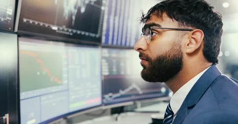 Man, trading and stats with computer screen for graphs with glasses, data o.. 写真素材