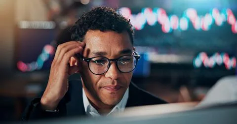 Man, trading and thinking with computer at office with glitch, confused or .. Stock Photos