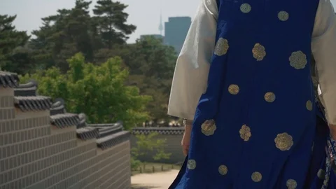 A man in traditional korean dress walking in slow motion Stock Footage