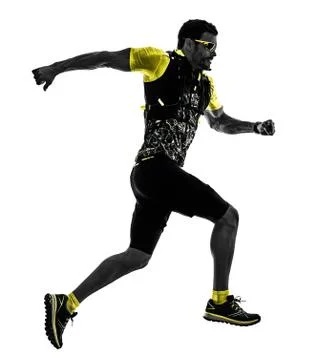 Man trail runner running isolated silhouette white background Stock Photos