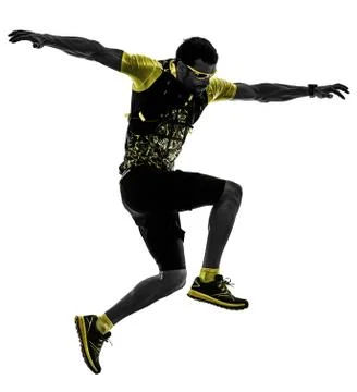 Man trail runner running isolated silhouette white background Stock Photos