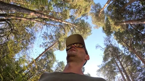 Man trail runner wearing gray cap and yellow glasses running through pine forest Video stock 319792192