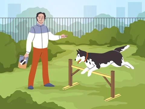 Man train dog. Guy teaches pet to take obstacles, husky with owner outdoor Stock Illustration