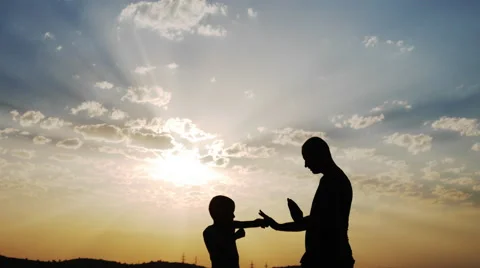 Man Training With a Boy a Boxing Lesson. Silhouettes. Stock Footage 67343584