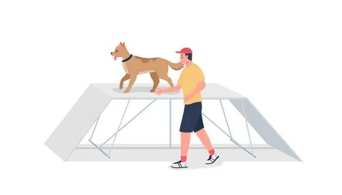 Man training dog on obstacle course flat color vector detailed character Illustrazione stock