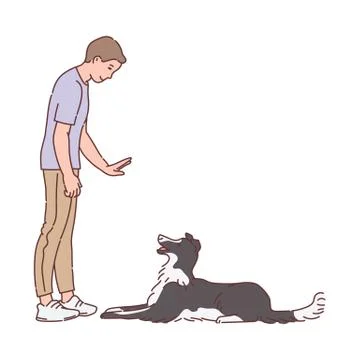 Man training a dog to understand command, sketch vector illustration isolated. 库存插图