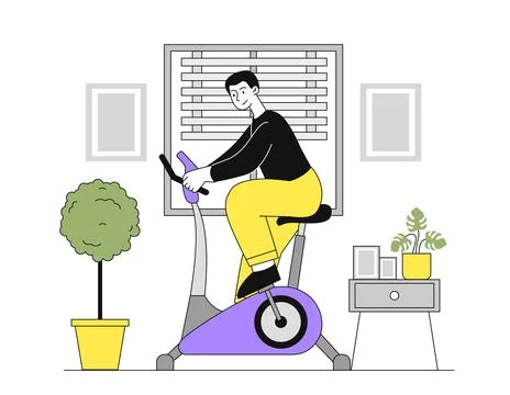 Man training at home. Young guy on exercise bike. Cardio training and weight Stock Illustration