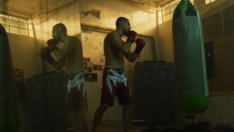 Man training inside a boxing studio Stock Footage 100034937