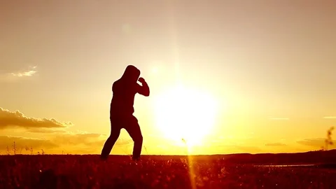 Man Training Thai Boxing at Sunset on Beach and Grass Field Stock Footage 314303530