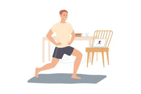 Man trains at home, does exercises from video tutorials Illustrazione stock