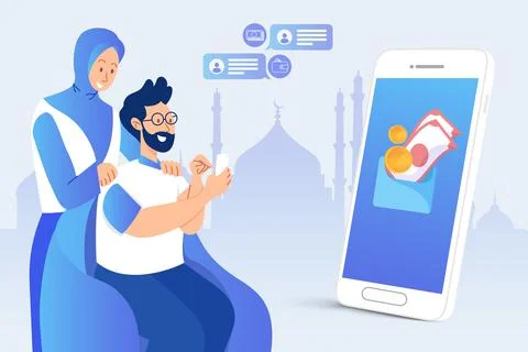 Man transferring Eid Mubarak bonuses through online banking application durin Stock Illustration