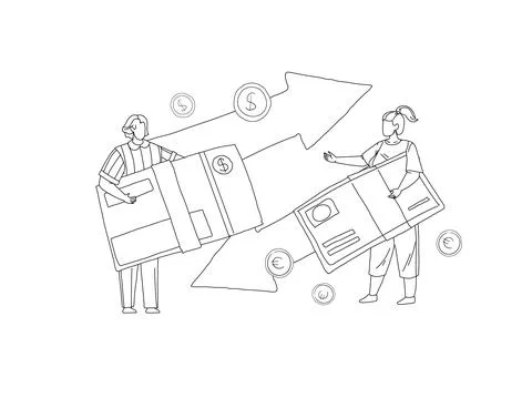 Man transferring money to girl using bank card live vector Stock Illustration