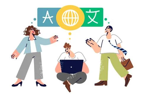 Man translator helps people from different countries communicate, sitting with Stock Illustration
