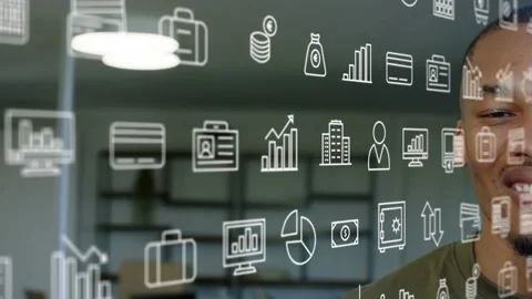 Man by transparent pane, camera shifting, revealing smile as finance icons Stock Footage 334178331