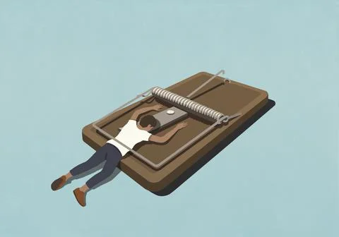 Man trapped in closed mouse trap Stock Illustration