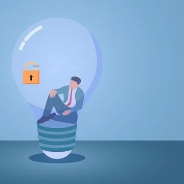 A man trapped inside a locked idea lamp, an illustration of a fixed mindset. Stock Illustration