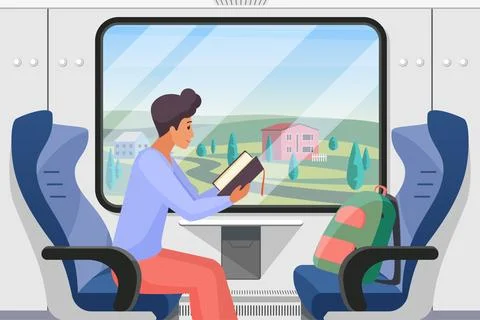 Man traveling alone in train compartment, male passenger sitting by window to Illustrazione stock