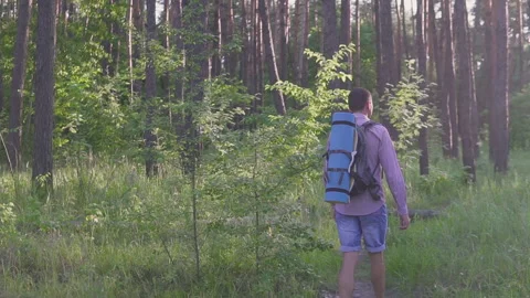 A man travels with a backpack on his back against the backdrop of a sunset in th Stock Footage 134801569