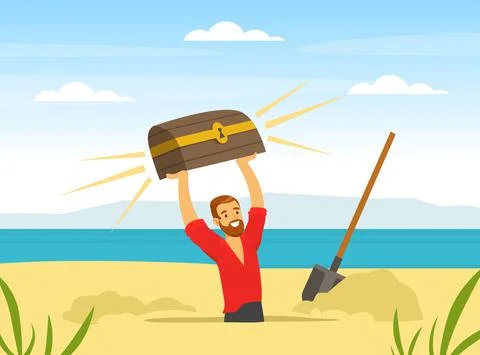 Man Treasure Hunter Finding Chest with Precious Jewel Vector Illustration Stock Illustration