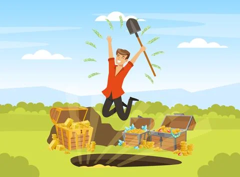 Man Treasure Hunter Finding Chest with Precious Jewel Vector Illustration Stock Illustration