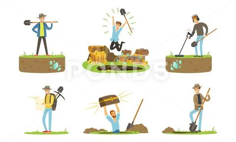 Man Treasure Hunter with Metal Detector and Shovel Digging Hole in Soil ...
