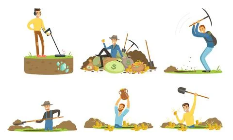 Man Treasure Hunter with Metal Detector and Shovel Digging Hole in Soil Stock Illustration