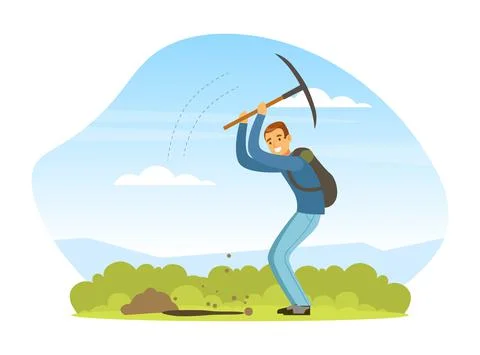 Man Treasure Hunter with Pickaxe Finding Precious Jewel Vector Illustration Illustrazione stock