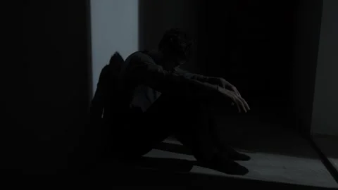 Man trembling with panic attack, shaking hands in darkness, real anxiety symptom Stock Footage 321690816