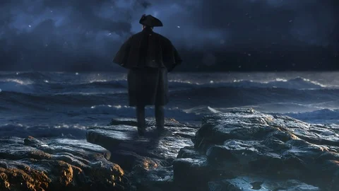 Man in Tri Corner Hat Looking Out to Sea 4K Stock Footage 125286018