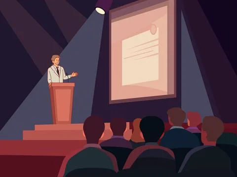 Man tribune presentation. Guy performing in audience front, auctioneer character Stock Illustration