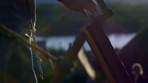 Man tries to split a firewood Stock Footage 82407826