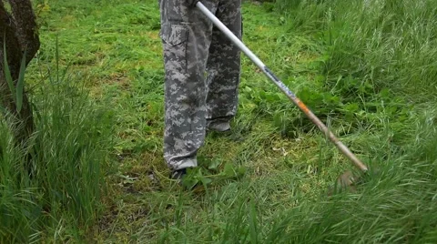 Man trimming grass. Closeup. Worker man farmer trimming cut grass in garden. Stock Footage 64612752
