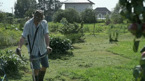 Man trimming grass in the garden using lawnmower 動画素材 66492789