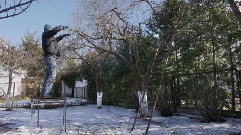 Man trims apple fruit tree while uses ladder and old table in winter garden Video stock 330132298