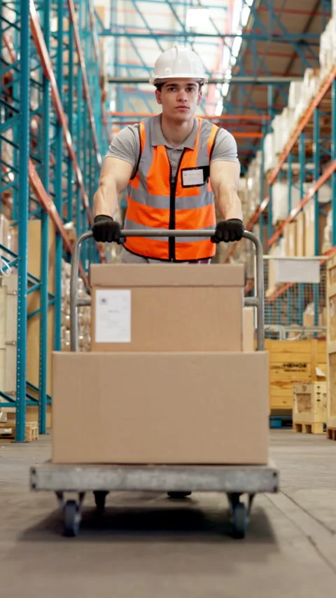Man, trolley and walking with boxes at warehouse to transport stock, export Stock Footage 319020124