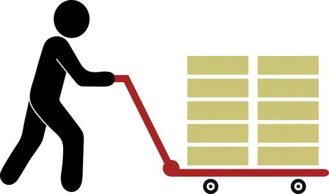 Man with trolley wheels shipment, Loading and Unloading boxes on truck, Man.. Stock Illustration