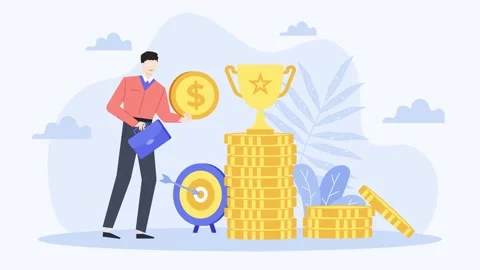 A man with trophy and so many coins business animated illustration video Stock Footage 282331801