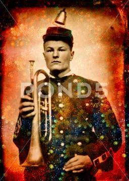 Man with trumpet and bell on hat in fractal montage, tintype c. 1890 Stock Illustration