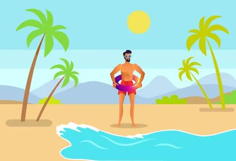 Man in Trunks with Inflatable Ring on Tropic Beach Illustrazione stock