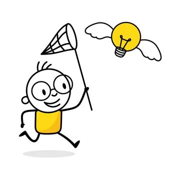 Man try to catch flying bright lightbulb. Idea generation and creativity concept Stock Illustration