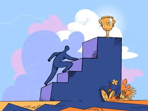 A man try to catch the trophy at the top of the stairs Stock Illustration