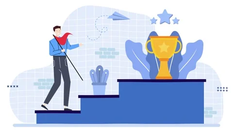 A man try to reach the trophy on the top of stairs business animated Stock Footage 280653091