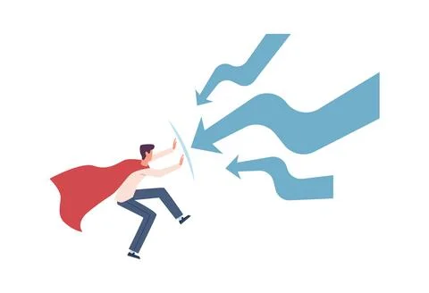 Man try stopping finance decrease. Super hero in cloak and falling arrows Stock Illustration