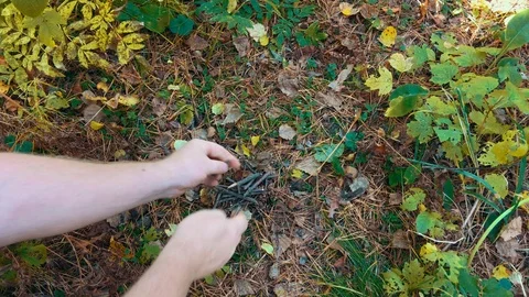 Man is trying and trying to light a fire in an impassable forest Vídeos de archivo 117425028