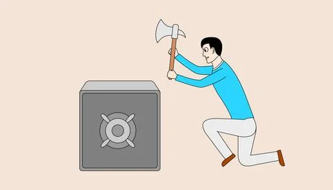 A man is trying to break into a safe with an axe Stock Illustration