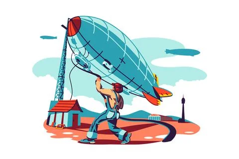 Man trying controls airship Stock Illustration